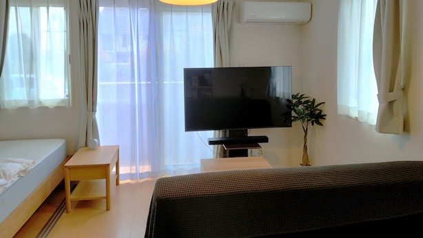 Una camera da letto con un letto, una TV, una scrivania e una pianta.
