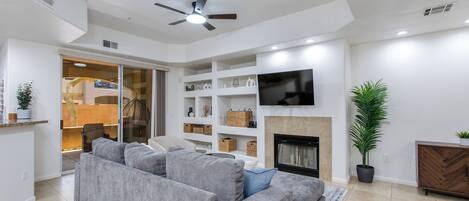 Smart TV, fireplace, video games, books