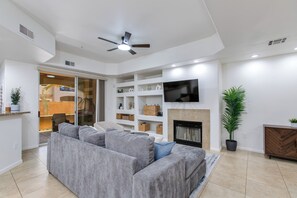 Smart TV, fireplace, video games, books