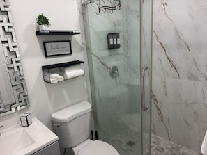 Douche, sèche-cheveux, serviettes fournies, savon