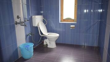 Shower, towels, soap, toilet paper