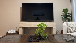 Un salon doté d’un téléviseur à écran plat fixé au-dessus d’une cheminée, d’une table basse en verre ornée d’une plante et d’un canapé recouvert d’un plaid tricoté.
