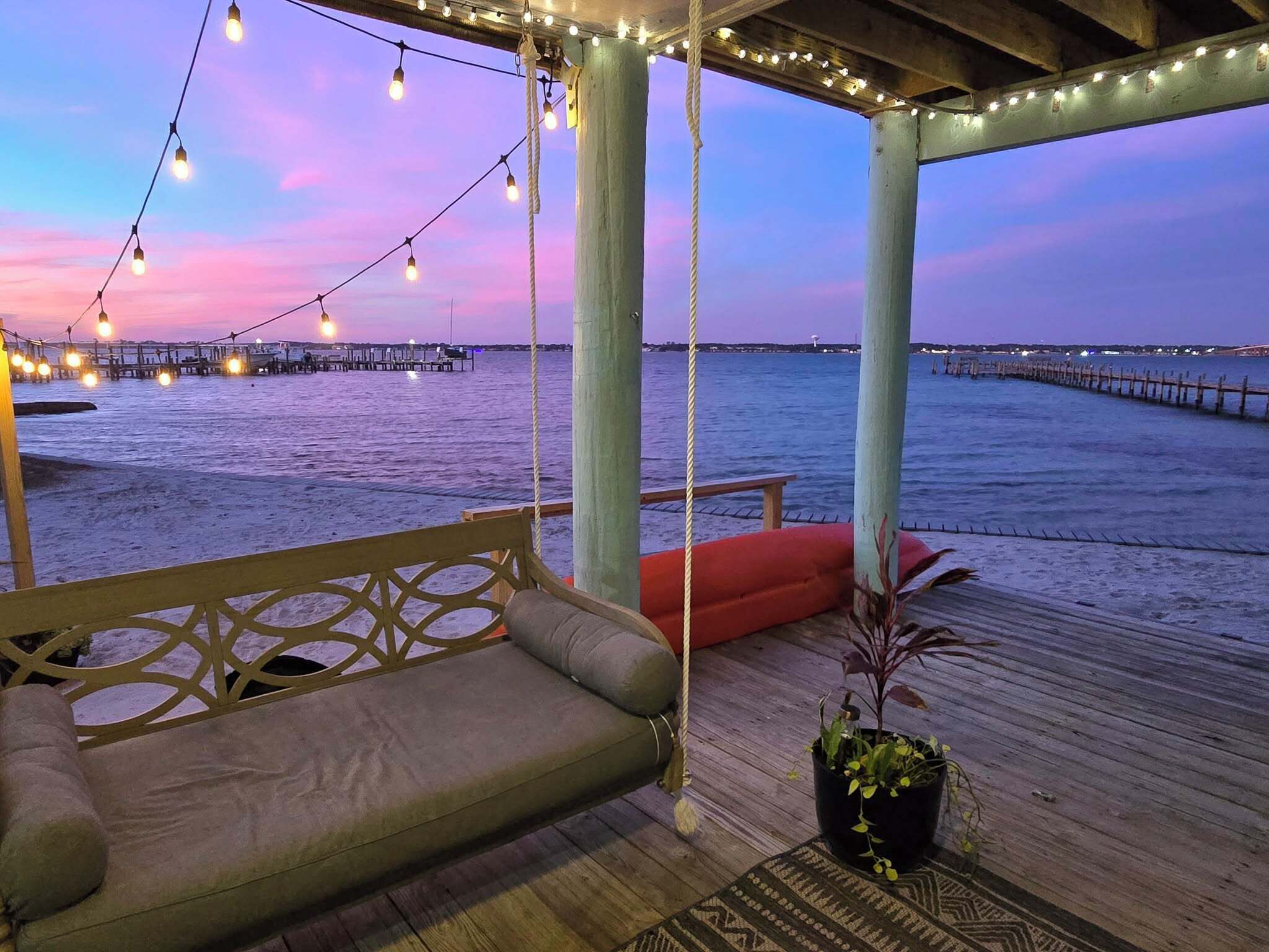View from the sand level deck during sunset.