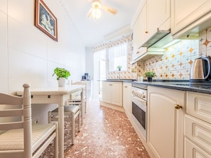 Fridge, microwave, oven, cookware/dishes/utensils