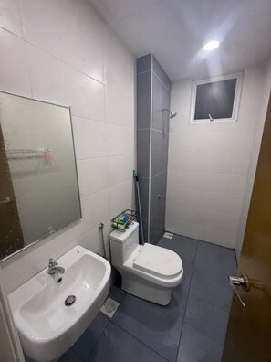 Une petite salle de bain avec un lavabo, des toilettes et une douche, le tout de couleur blanche.