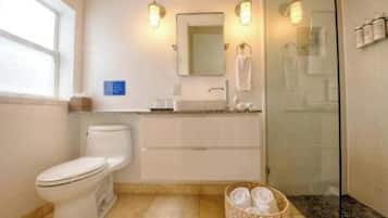 Ducha, secador de pelo, toallas, jabón