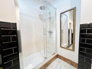 Shower, hair dryer, towels