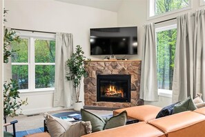 Fernseher, Kamin, Bücher, Arbeitsbereiche