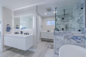 Hair dryer, towels, soap, shampoo