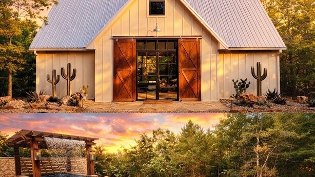 A ranch-style building with a large garage door, a pool with a waterfall feature, and a desert garden with cacti.