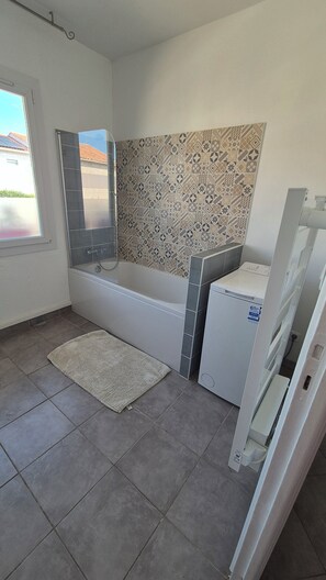 Shower, hair dryer, toilet paper