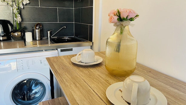 Une cuisine équipée d’un lave-linge, d’une machine à café et d’un vase avec des fleurs posé sur le comptoir.