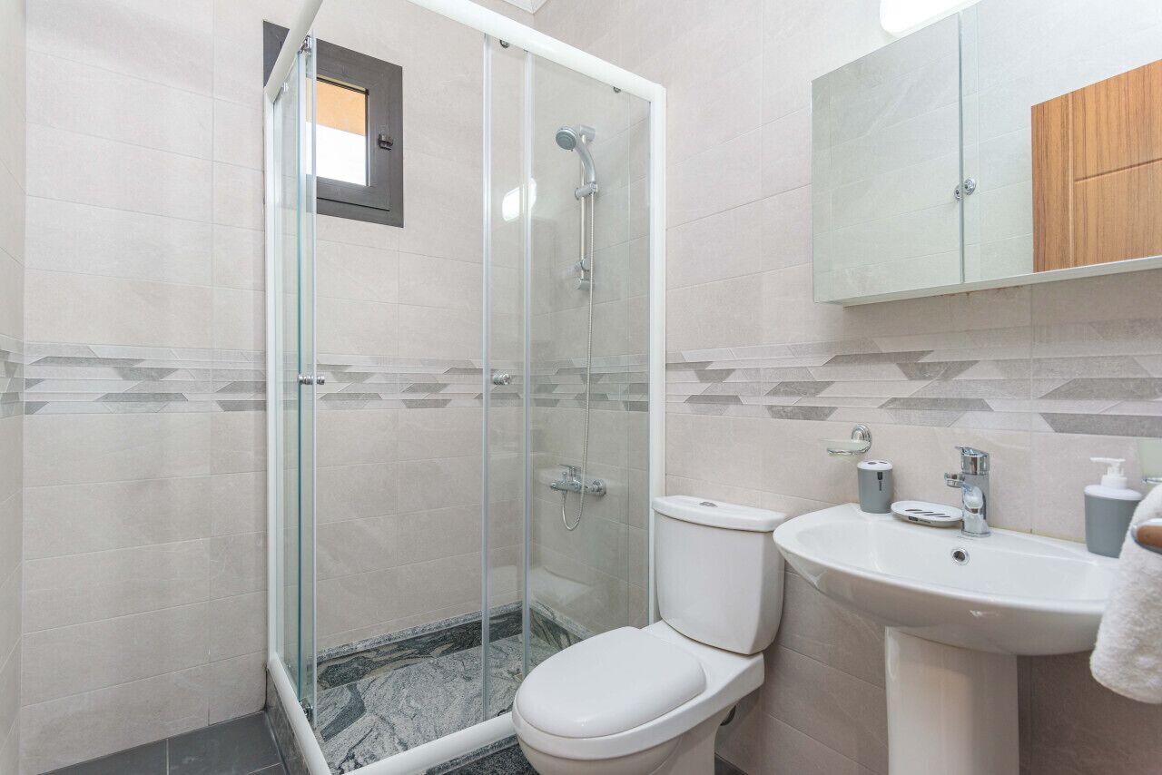 A bathroom with a glass-enclosed shower, a white toilet, and a sink with a mirror above it.