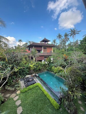 A house with a swimming pool surrounded by lush greenery and palm trees. - Sabar House Ubud View by EPS (Ubud)