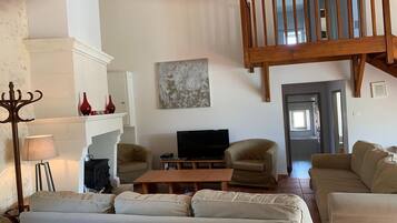 Télévision, cheminée, lecteur de DVD