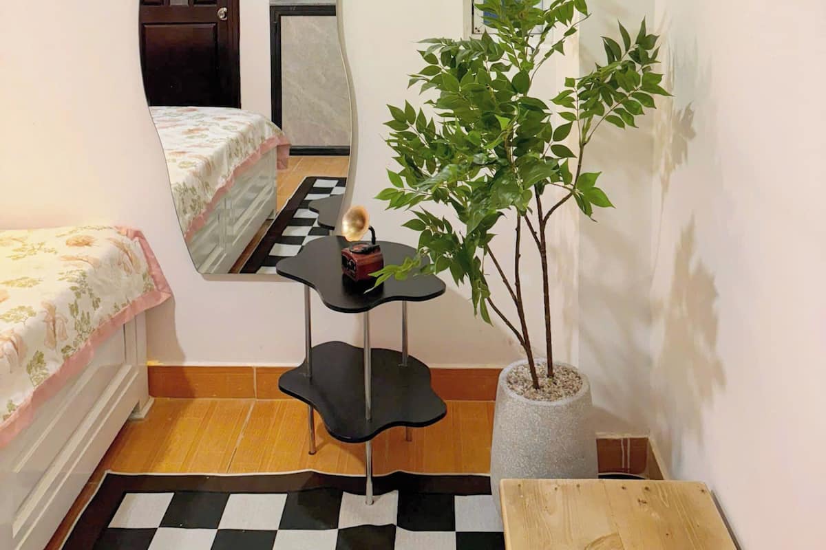A compact room with a bed, a mirror, a small table with a plant, and a checkered floor.