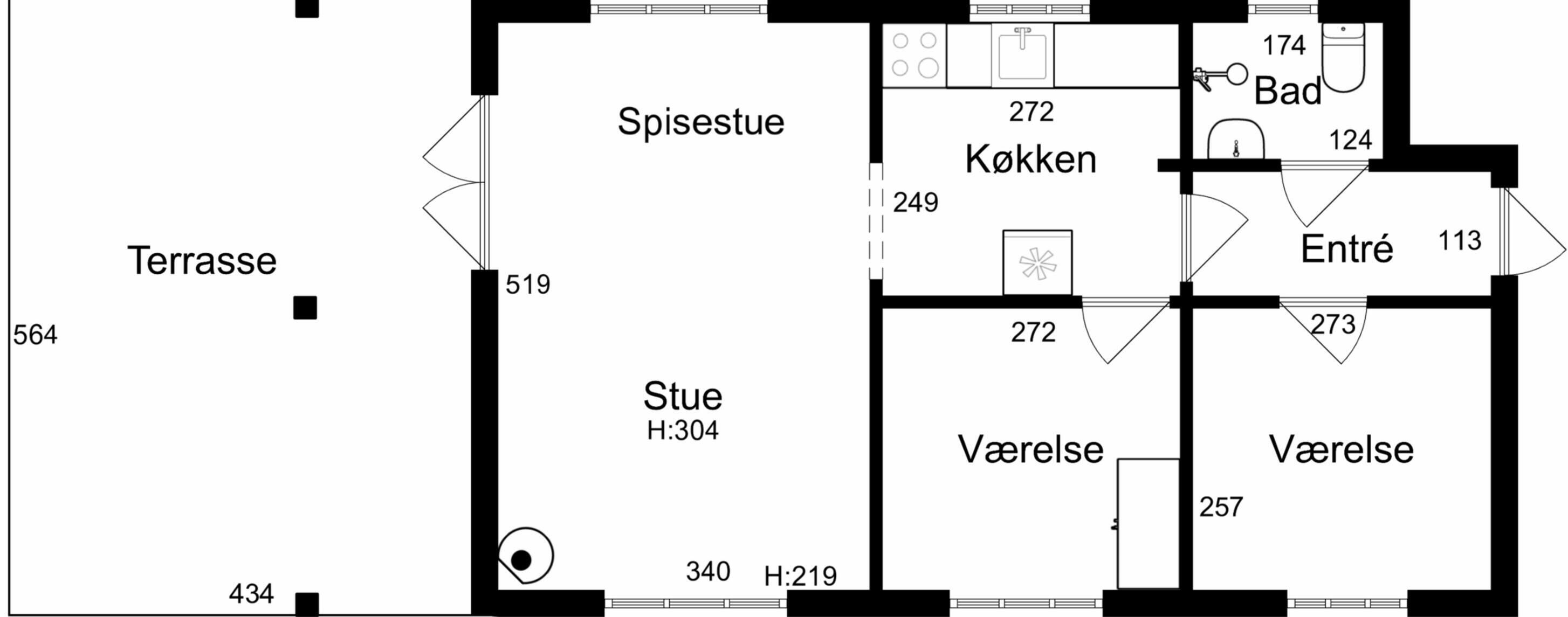 A hotel floor plan with a terrace, a dining area, and two ensuite bathrooms.