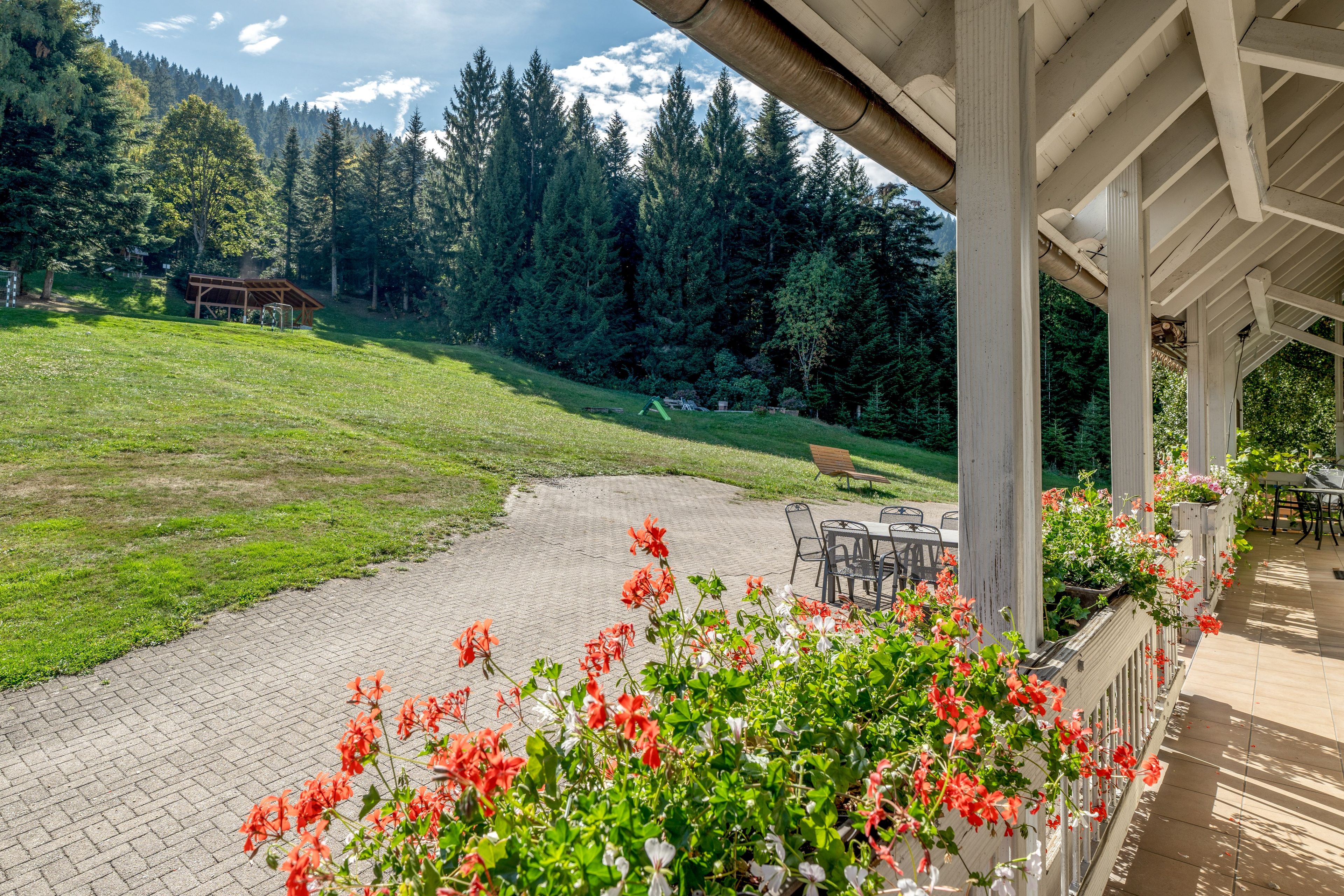 A covered outdoor area with a paved walkway, seating, and a view of a forested hillside.