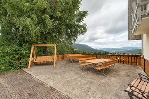 An outdoor patio with wooden benches and tables, a swing set, and a view of mountains. - Löcherhansenhof: Apartment '4' with Mountain View, Shared Terrace and Wi-Fi (Bad Peterstal-Griesbach)