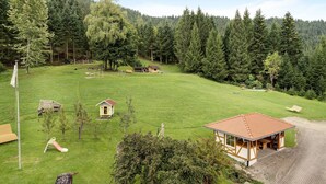 A rural setting with a grassy field, a small wooden structure, and a forested hill in the background.
