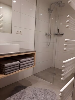 Shower, hair dryer, towels