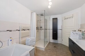 Shower, hair dryer, towels