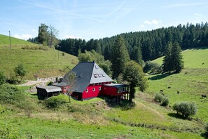 Ein rotes Haus mit geneigtem Dach, umgeben von einer grünen Landschaft und einem bewaldeten Hügel im Hintergrund.