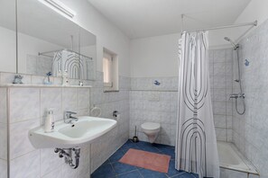 A bathroom with a sink, toilet, shower, and a mirror.