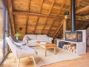 Televisión, chimenea, libros y estéreo
