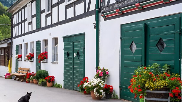 Un edificio con contraventanas verdes, una banca y flores en macetas.
