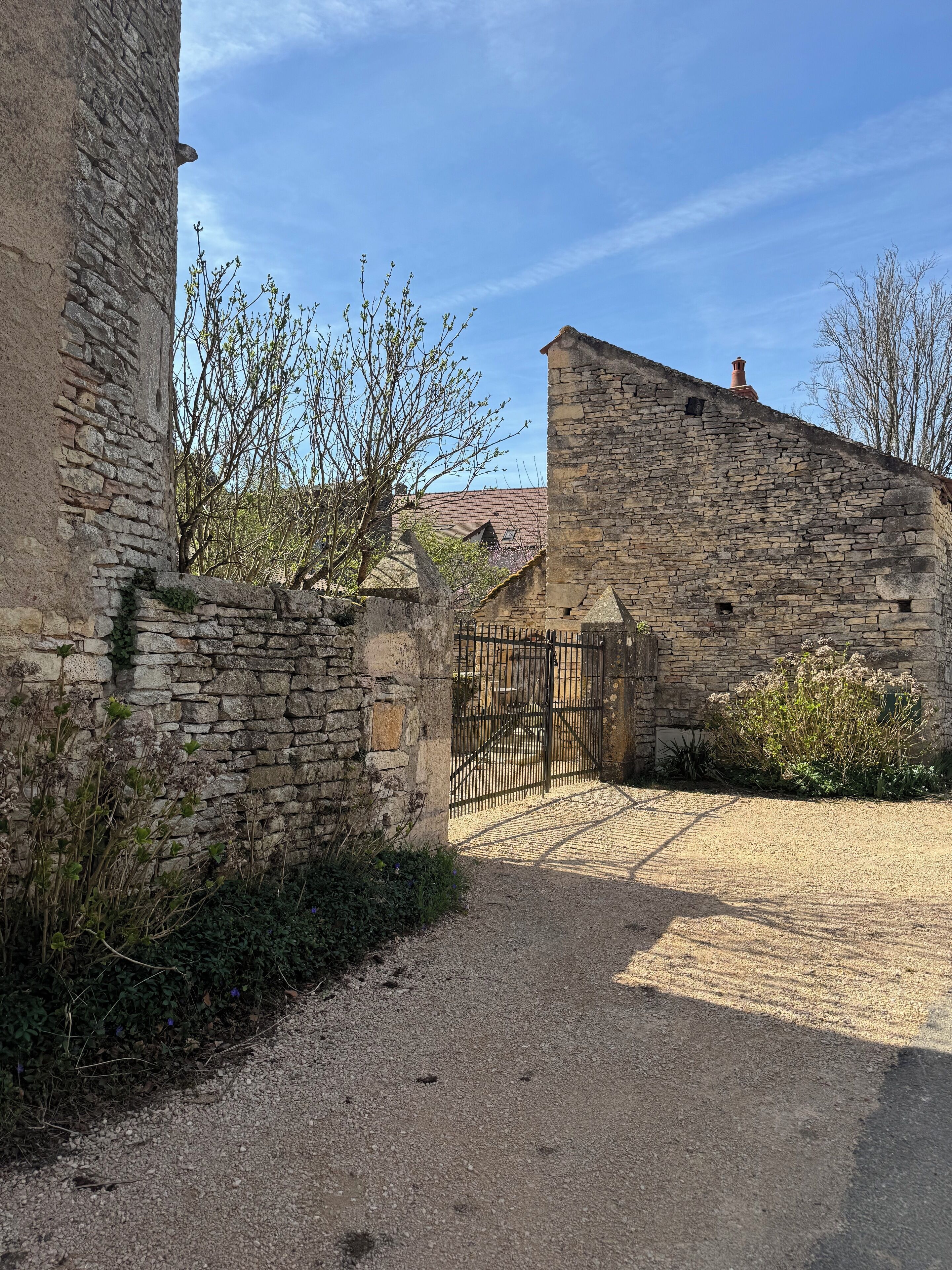 Edifici de pedra amb una entrada tancada per reixa, envoltat de vegetació i un cel serè.