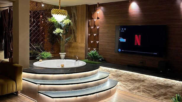 A modern living room with a built-in TV, a circular seating area, and a decorative plant. - Dream Desire (New Delhi)