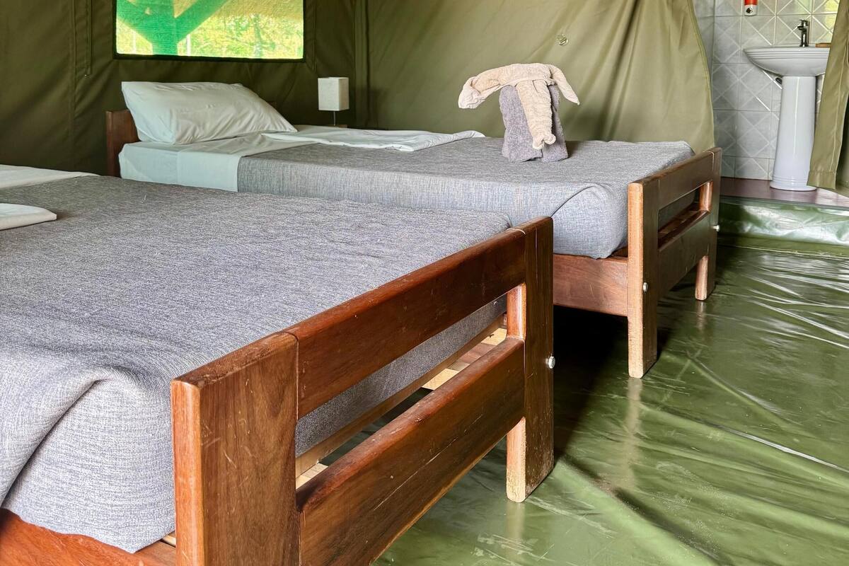 Un hébergement sous tente comprenant deux lits en bois, une petite salle de bain et une fenêtre avec vue.