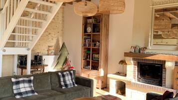 Télévision, cheminée, jeux vidéo, lecteur de DVD