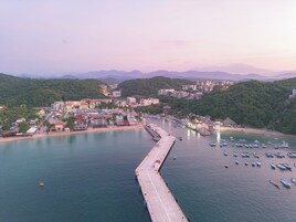 Un pueblo costero con un muelle que se adentra en el agua, rodeado de edificios y vegetación.