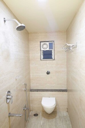 Shower, free toiletries, towels, soap