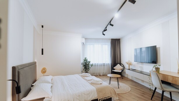 Ein modernes Hotelzimmer mit einem großen Bett, einem Schreibtisch, einem Sessel, einem Fernseher und einer Pflanze.