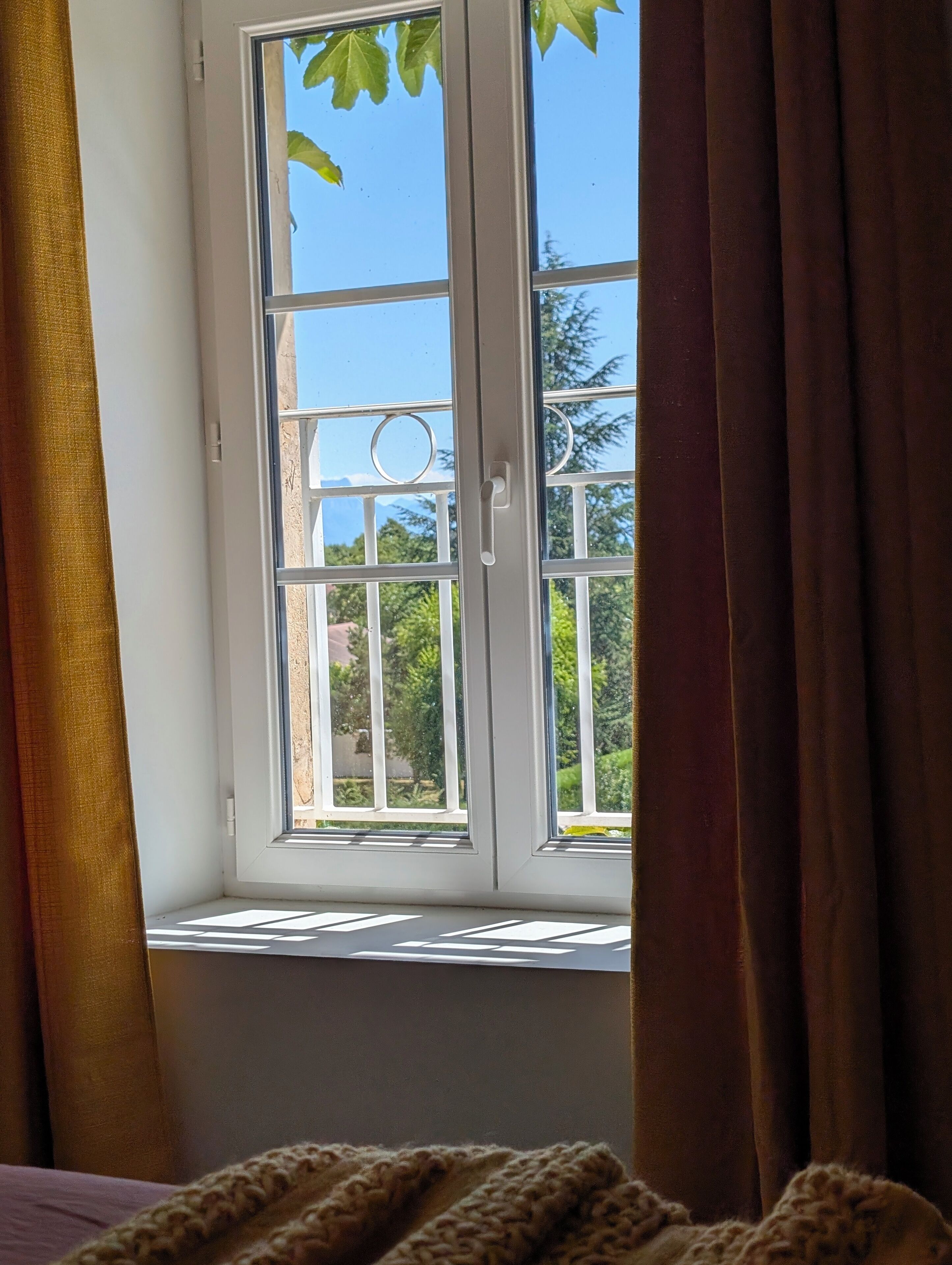 Una ventana con vistas a la vegetación y una barandilla de metal en el exterior.