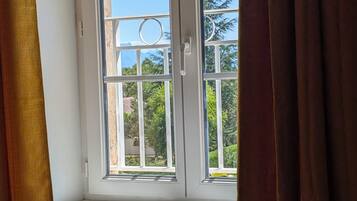 Una ventana con vistas a la vegetación y una barandilla de metal en el exterior.
