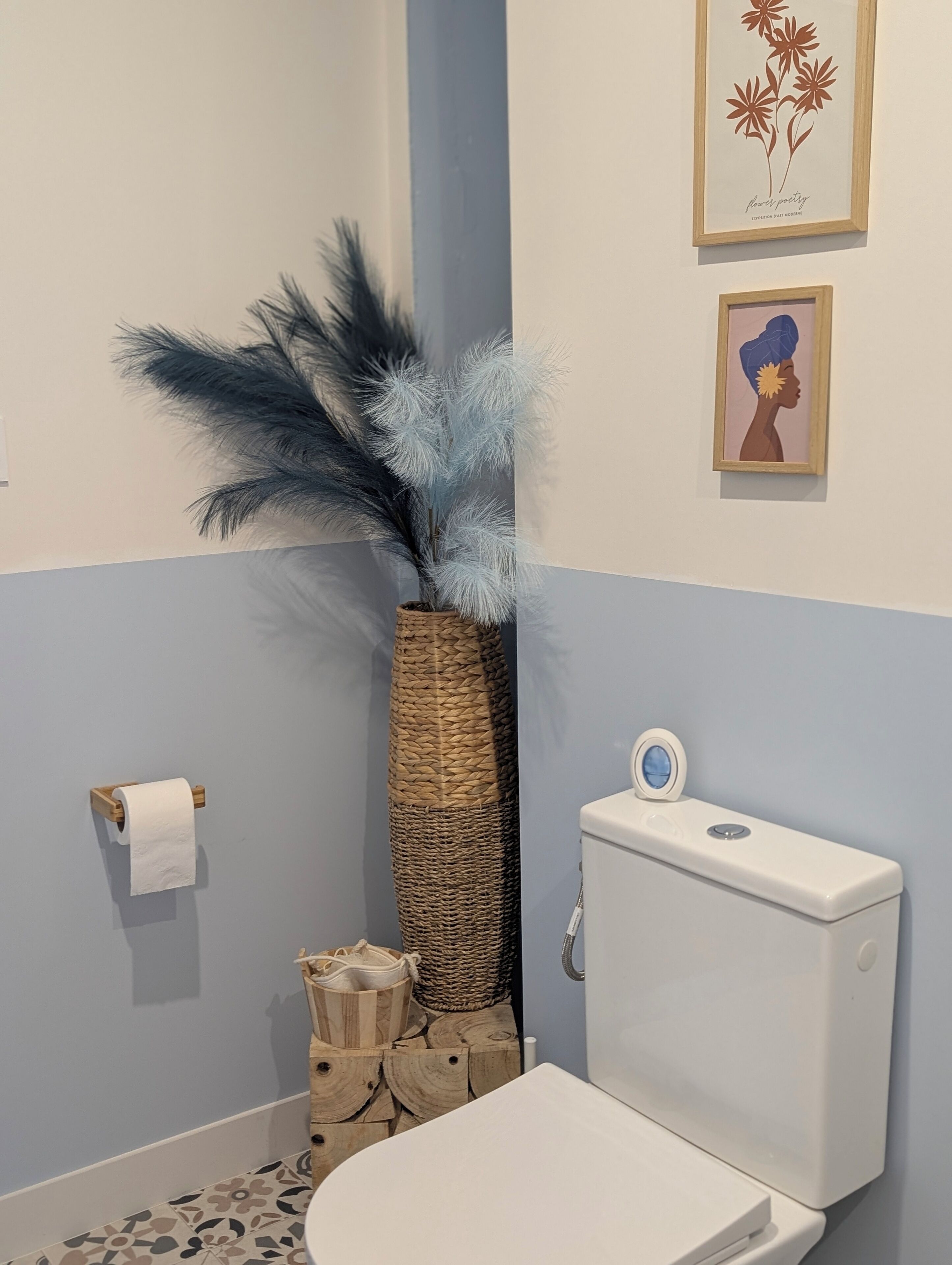 Een badkamer met een toilet, een toiletrol, een decoratieve vaas met blauwe veren en twee ingelijste kunstwerken aan de muur.