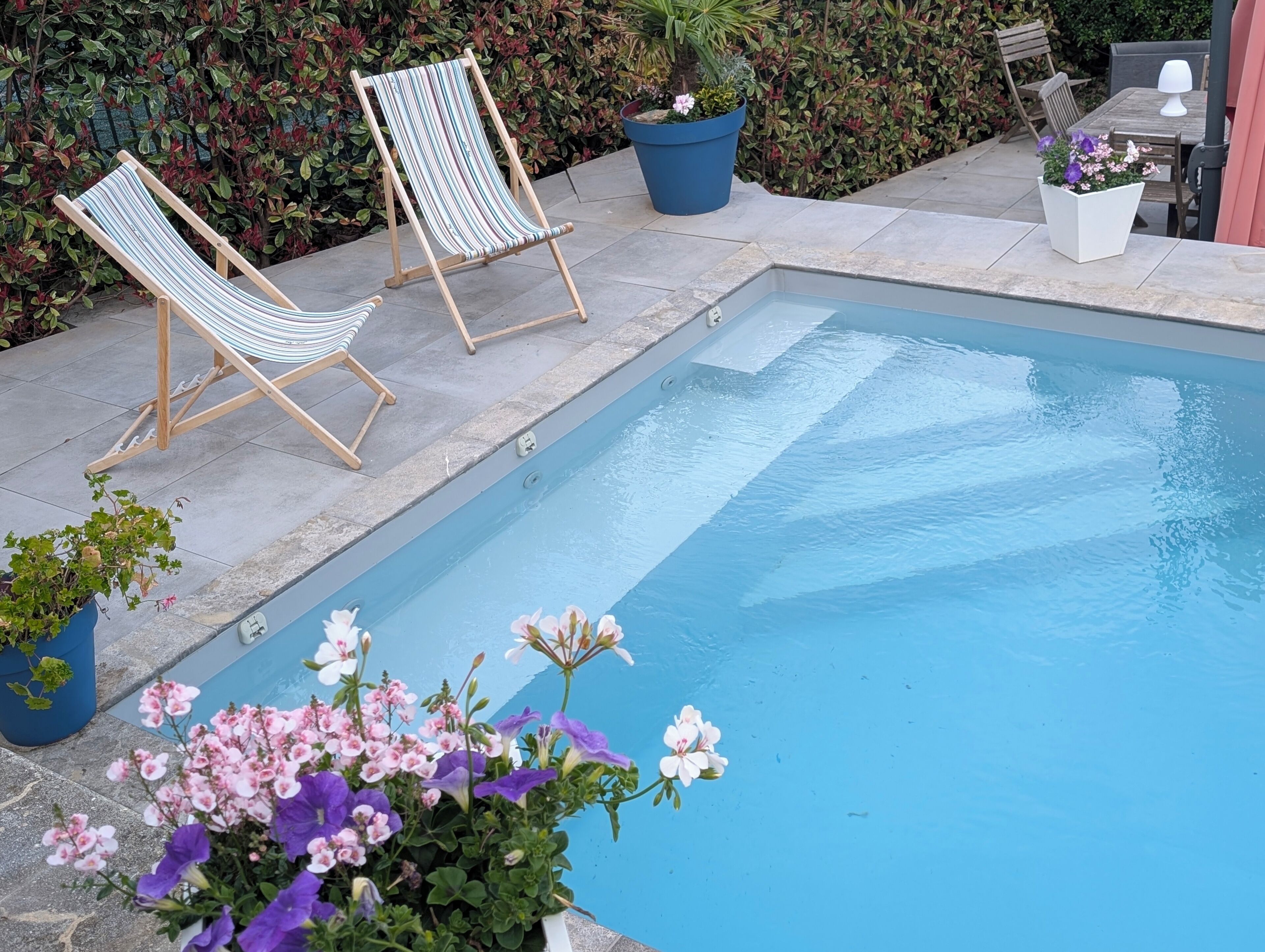 Una piscina con due lettini a righe e piante in vaso.