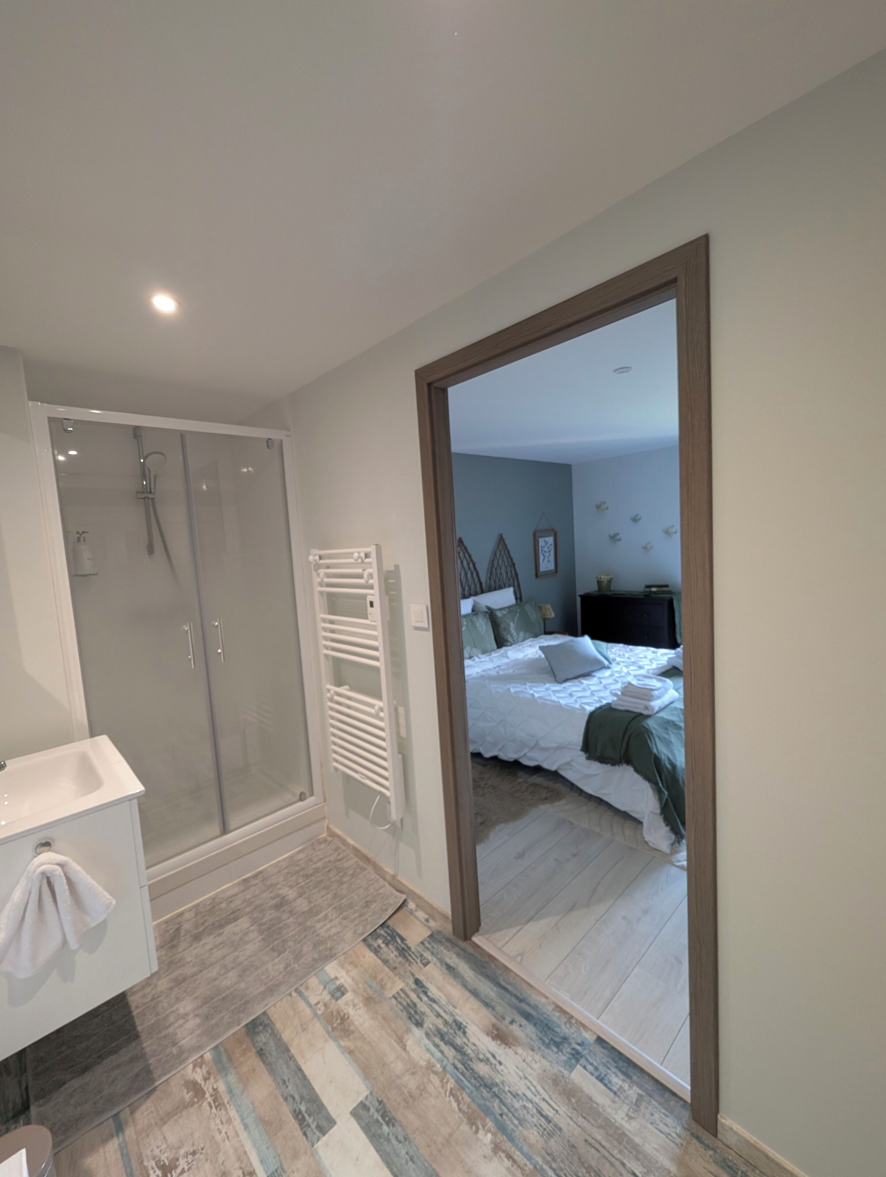 Une salle de bain moderne avec une douche à parois de verre, un lavabo blanc et un porte-serviettes.