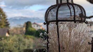 A hanging lantern with dried plants, set against a blurred outdoor background with greenery and a pathway.