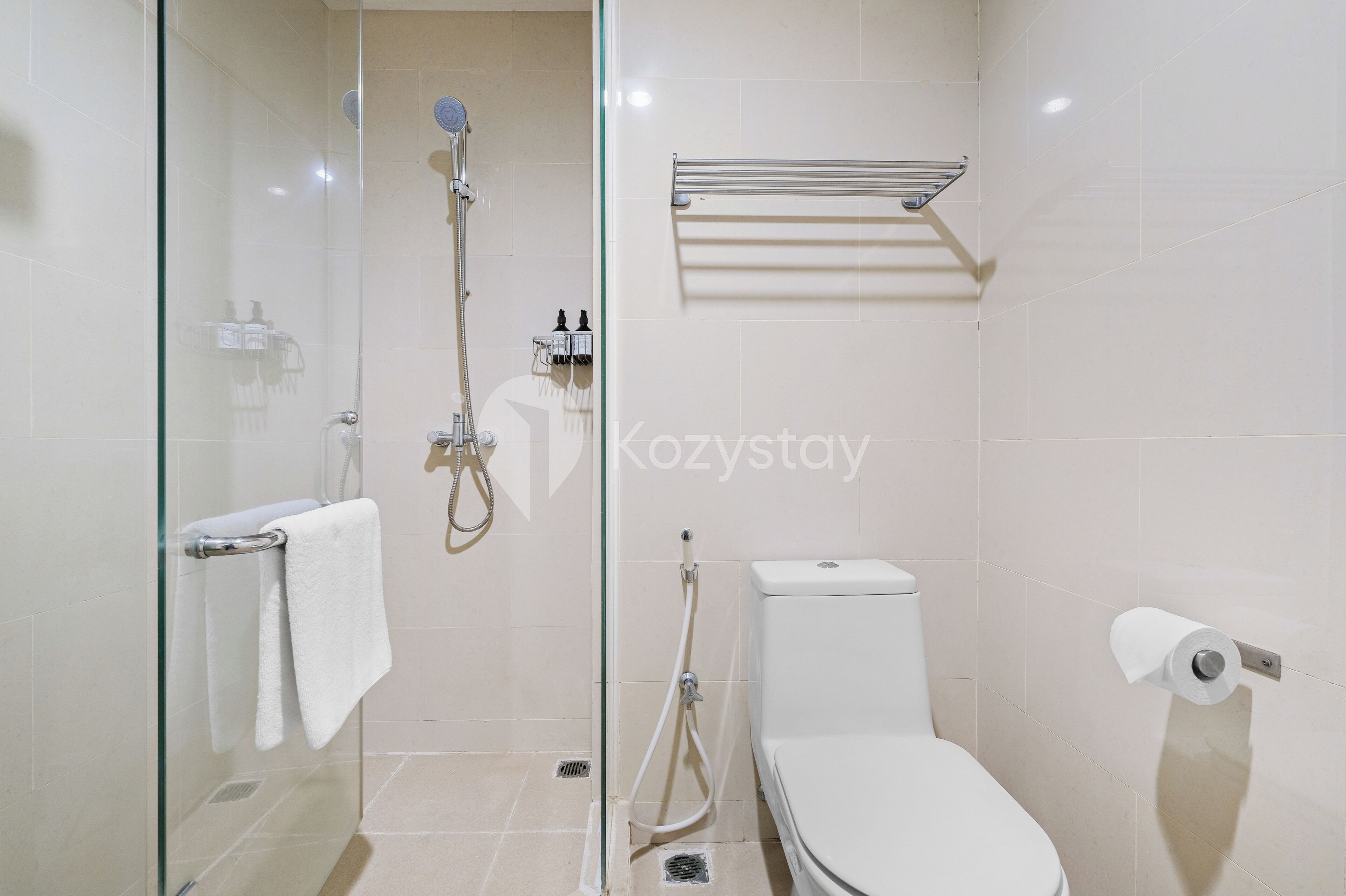 A modern bathroom with a glass-enclosed shower, a toilet, and a towel rack.