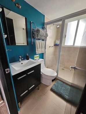 Dusche, Haartrockner, Handtücher, Seife