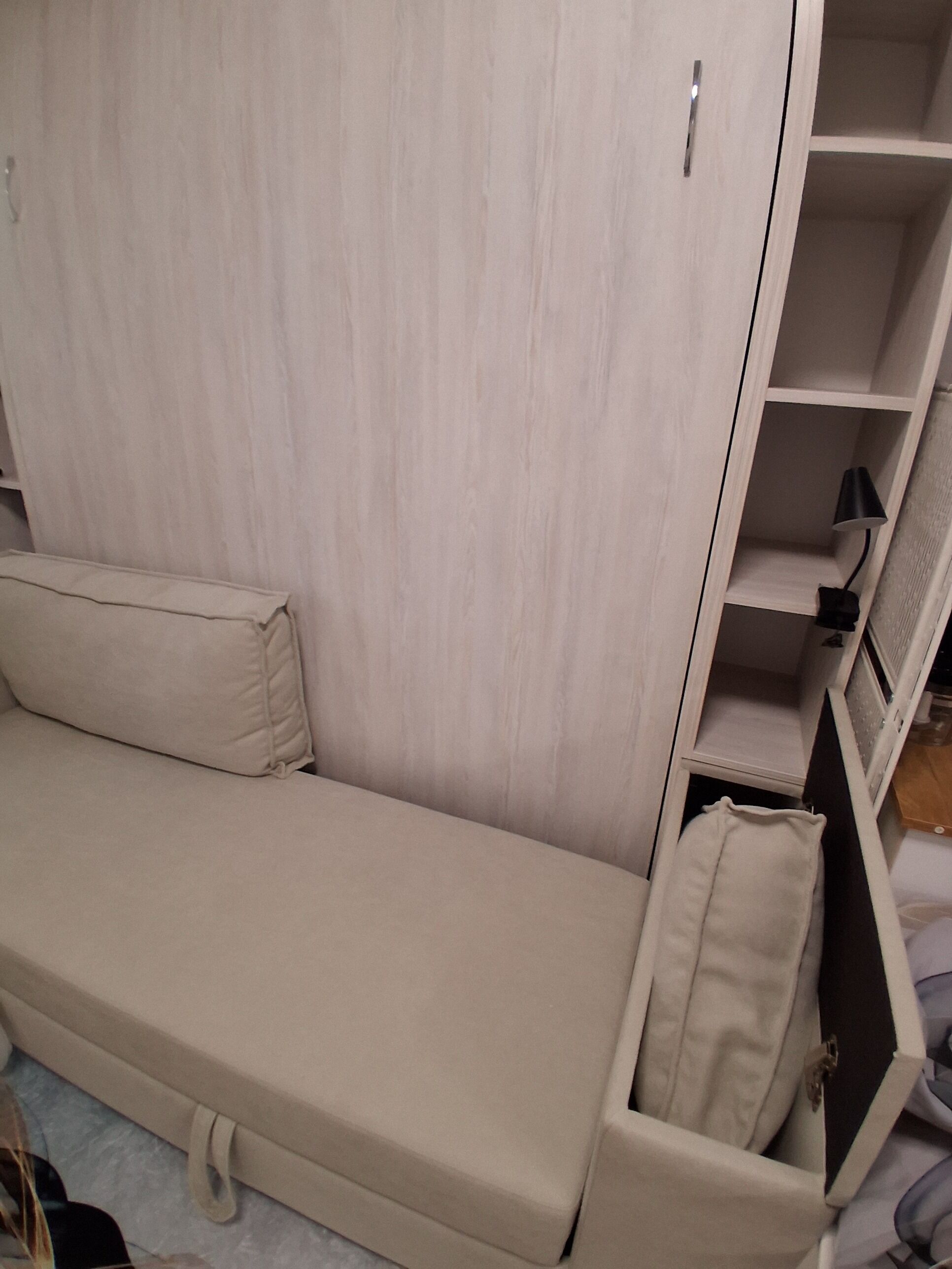 A compact room with a sofa bed, a small shelving unit, and a lamp.