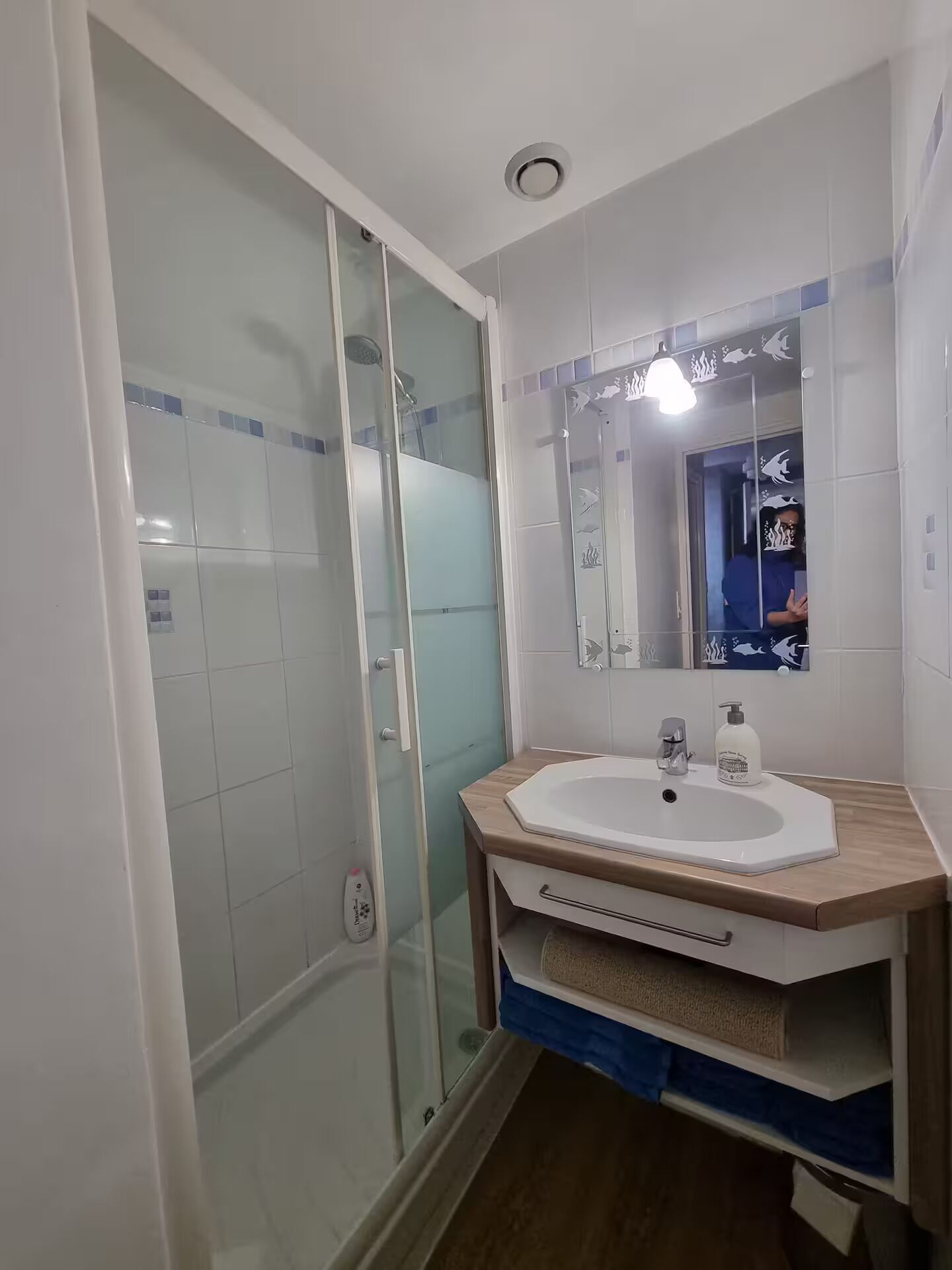 Ein Badezimmer mit einer Glaskabine zur Dusche, einem weißen Waschbecken mit Holzablage und einem Spiegel mit dekorativem Rahmen.