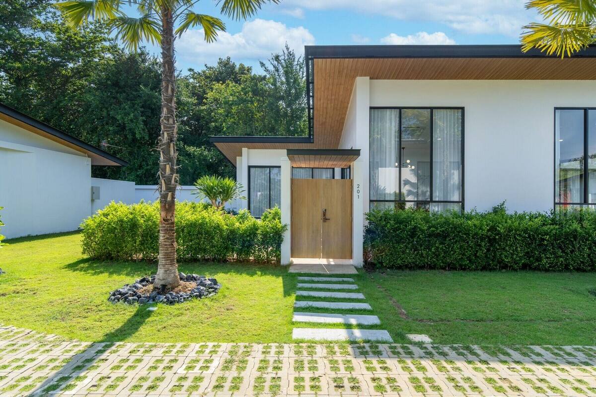 A modern two-story house with a wooden door, a well-maintained lawn, and a paved pathway leading to the entrance.