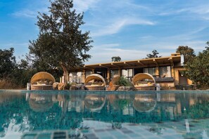 Ein modernes Resort mit Pool, Außenbereichen zum Sitzen und einem großen Baum.