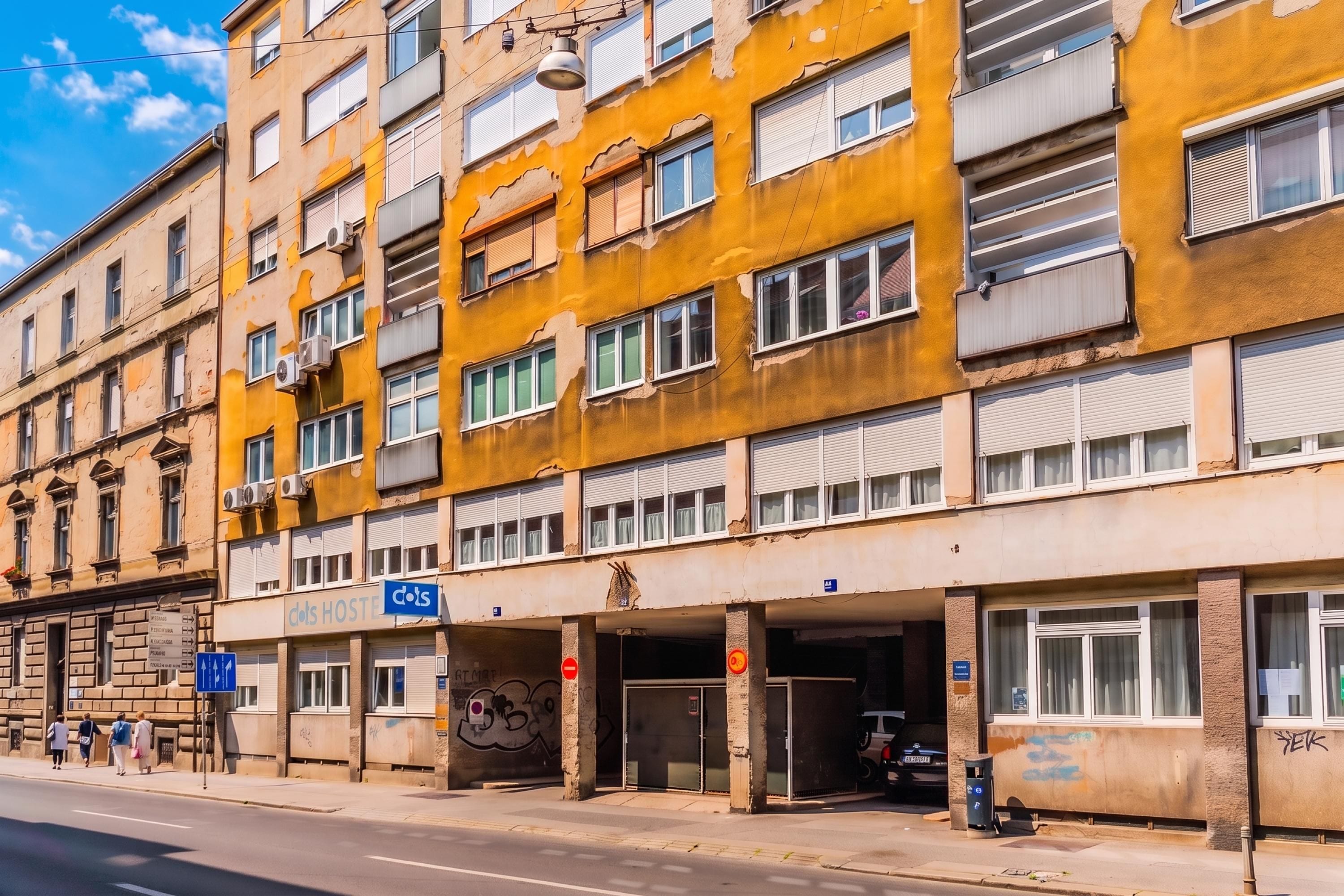 A multi-story building with a hostel named 'dots' on the ground floor.